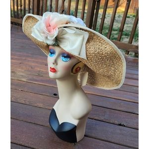 NWT Vintage 90's Whitall & Shon Straw Kentucky Derby Church Floral Sunhat Floral